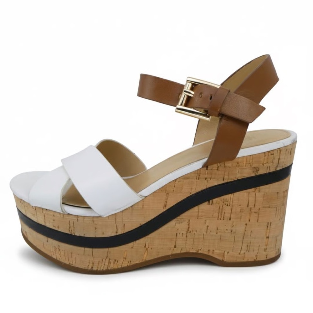 MICHAEL Michael Kors White and Brown Cork Wedges